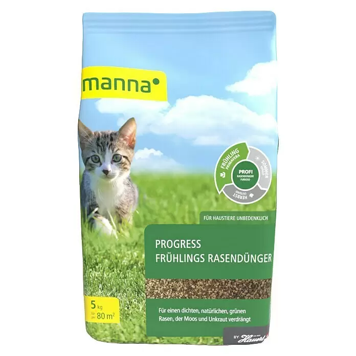 Manna Rasendünger Frühling - 5 kg, Max. Anwendungsfläche: 200 m² - Manna Progress Frühlings Rasendünger (5kg, 80m²) in grüner Packung, tierfreundlich. Fördert dichten Rasen, verdrängt Moos.