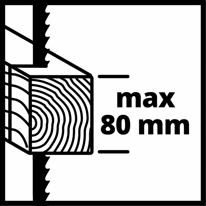 Einhell Elektro-Stichsäge TC-JS 80/1 - 1.000 /min - 3.000 /min, 80 mm - Illustration einer Säge, die ein Holzstück schneidet, mit der Angabe "max. 80 mm" für die maximale Schnitttiefe.