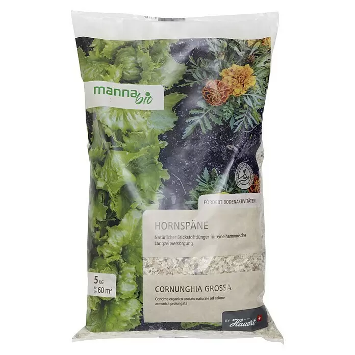Manna Hornprodukt - 5 kg, Max. Anwendungsfläche: 60 m² - 5 kg Beutel Manna Bio Hornspäne natürlicher organischer Dünger von Hauert für Pflanzen.