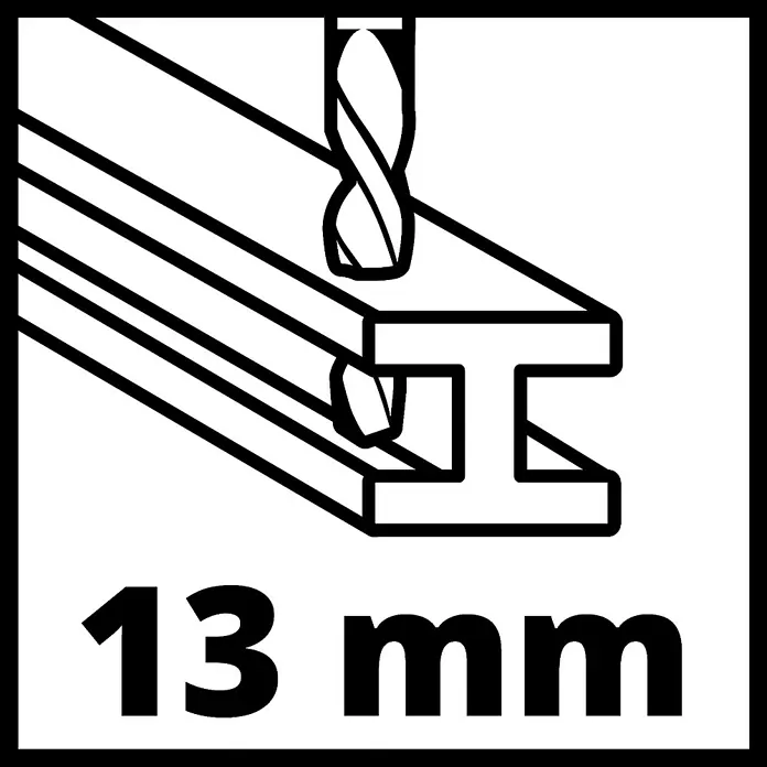 Einhell Taladro percutor TC-ID 1000 E Kit - 1.010 W, Portabrocas de sujeción rápida - Símbolo que indica una profundidad de perforación de hasta 13 mm, ilustrando la perforación en una pieza con una broca.