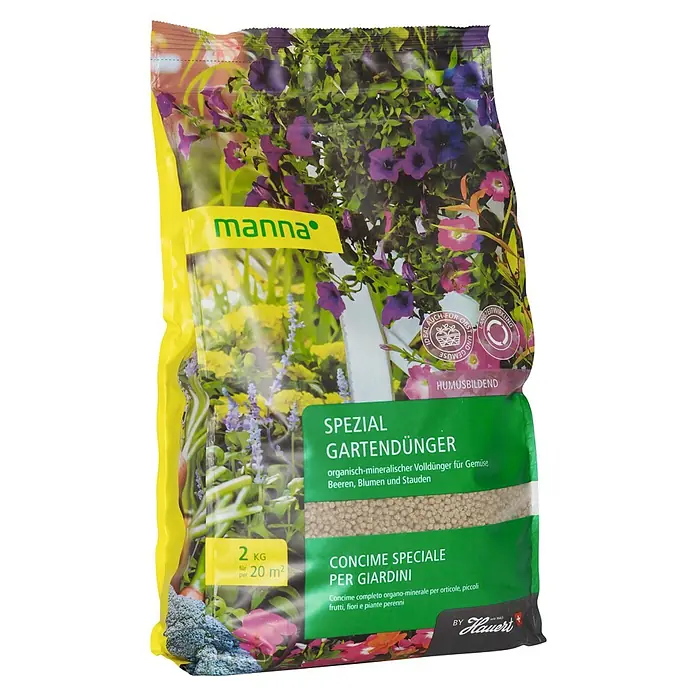 Manna Gartendünger Spezial - 2 kg, Max. Anwendungsfläche: 20 m² - Ein Sack Manna Spezial Gartendünger, ein organisch-mineralischer Volldünger für Gemüse, Beeren, Blumen und Stauden.