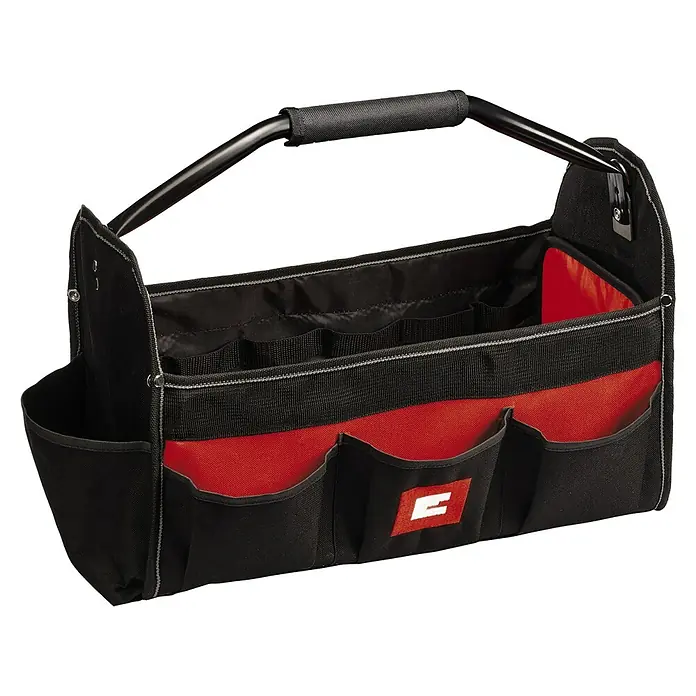 Einhell Taladro percutor TC-ID 1000 E Kit - 1.010 W, Portabrocas de sujeción rápida - Una bolsa de herramientas negra con detalles rojos y una robusta asa de metal, ideal para artesanos para guardar herramientas.