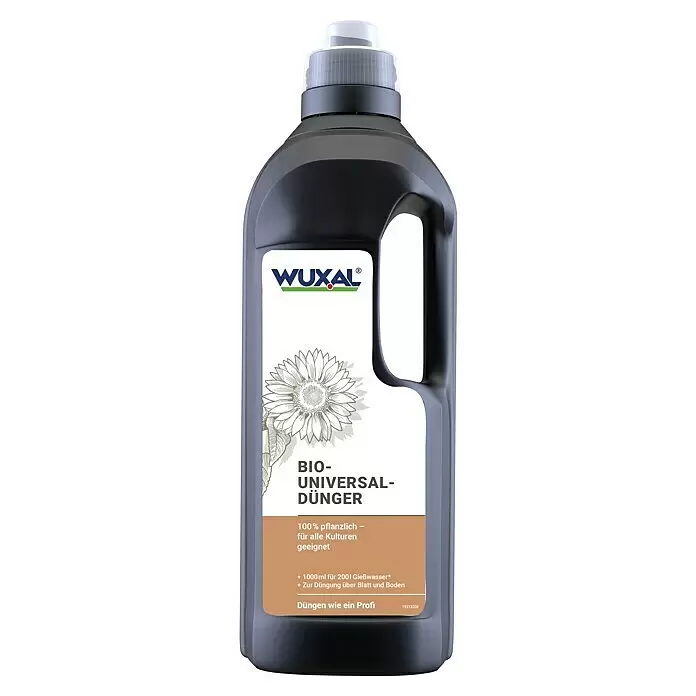 Wuxal Universaldünger Bio - 1 l - Dunkelgraue Plastikflasche WUXAL BIO-UNIVERSAL-DÜNGER (Pflanzendünger) mit weißem und braunem Etikett.