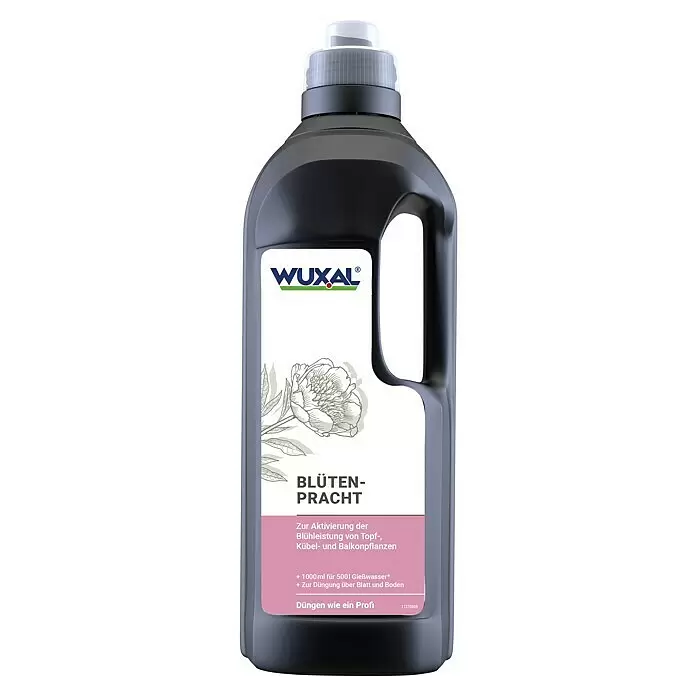 Wuxal Universaldünger Blütenpracht - 1 l - Schwarze WUXAL BLÜTEN-PRACHT Düngerflasche mit transparentem Deckel und weiß-rosa Etikett mit Pfingstrosen-Illustration.