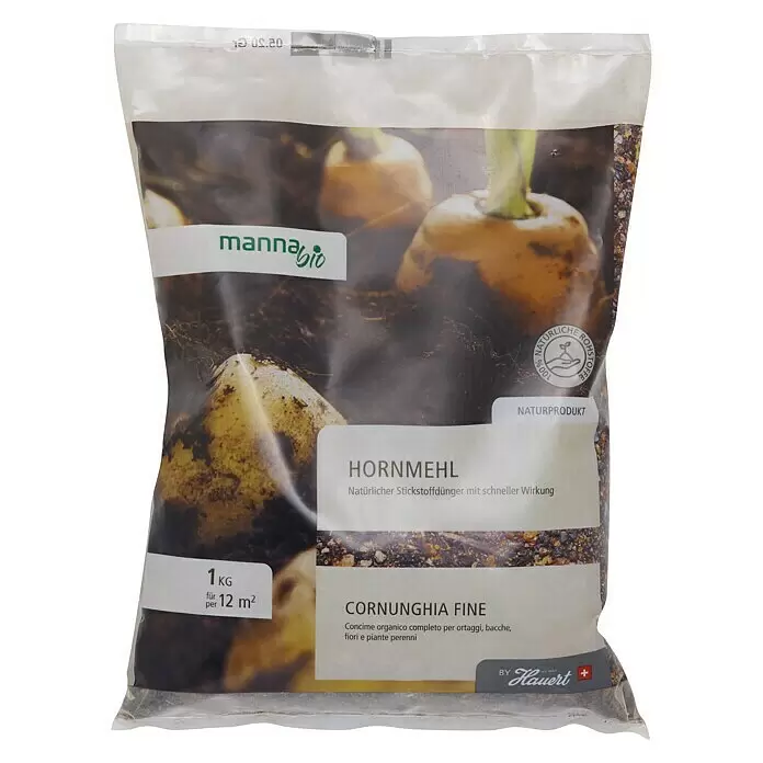 Manna Hornprodukt - 1 kg, Max. Anwendungsfläche: 12 m² - Transparenter Beutel MannaBio Hornmehl, ein natürlicher organischer Dünger für Pflanzen.