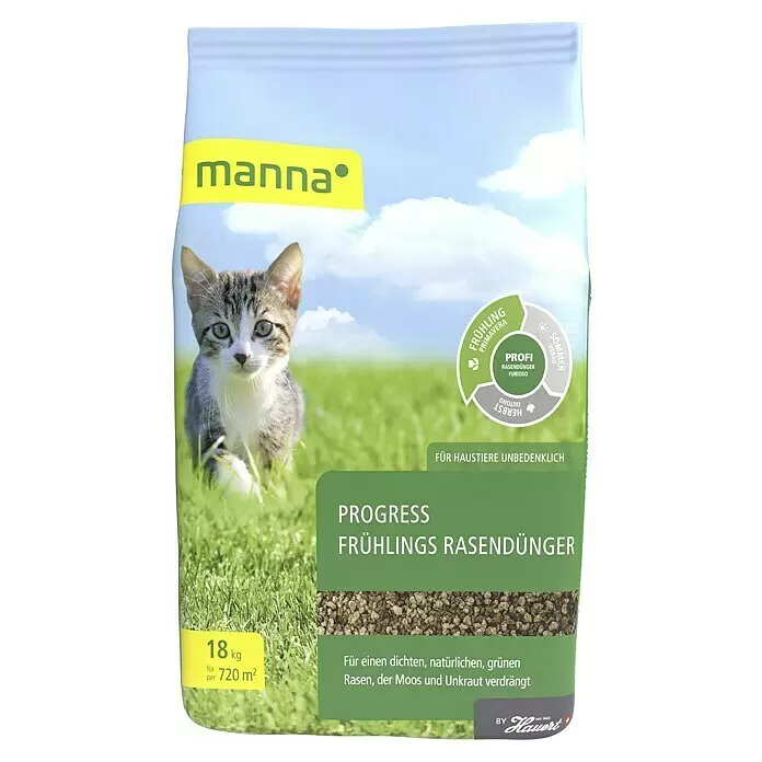 Manna Rasendünger Frühling - 18 kg, Max. Anwendungsfläche: 720 m² - Manna Progress Frühlings-Rasendünger, 18kg für 720m², tierfreundlich, mit Kätzchen auf der Packung.
