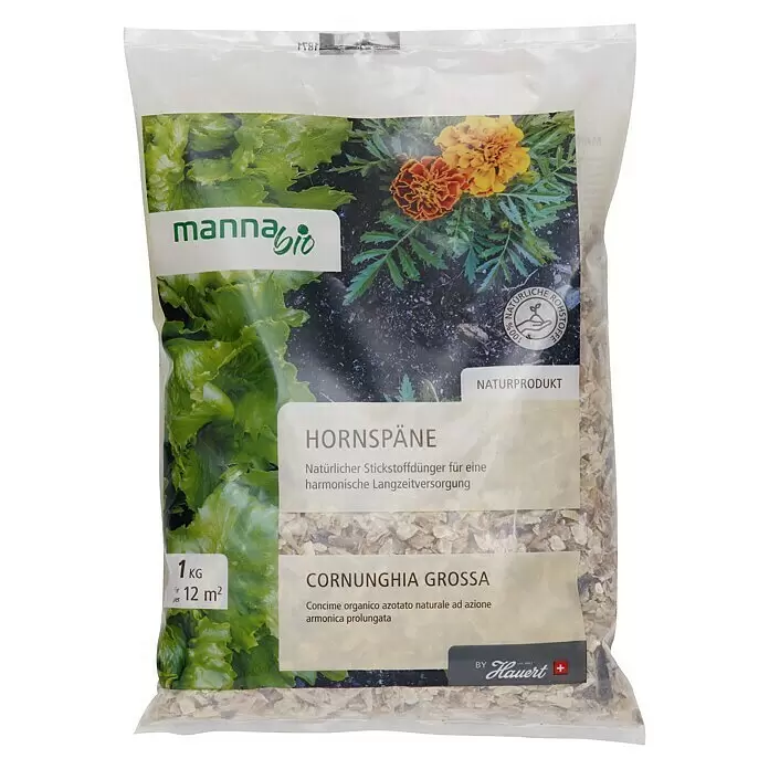 Manna Hornprodukt - 1 kg, Max. Anwendungsfläche: 12 m² - Transparenter Beutel mit manna bio Hornspäne, einem natürlichen Stickstoffdünger für harmonische Langzeitversorgung von Pflanzen.