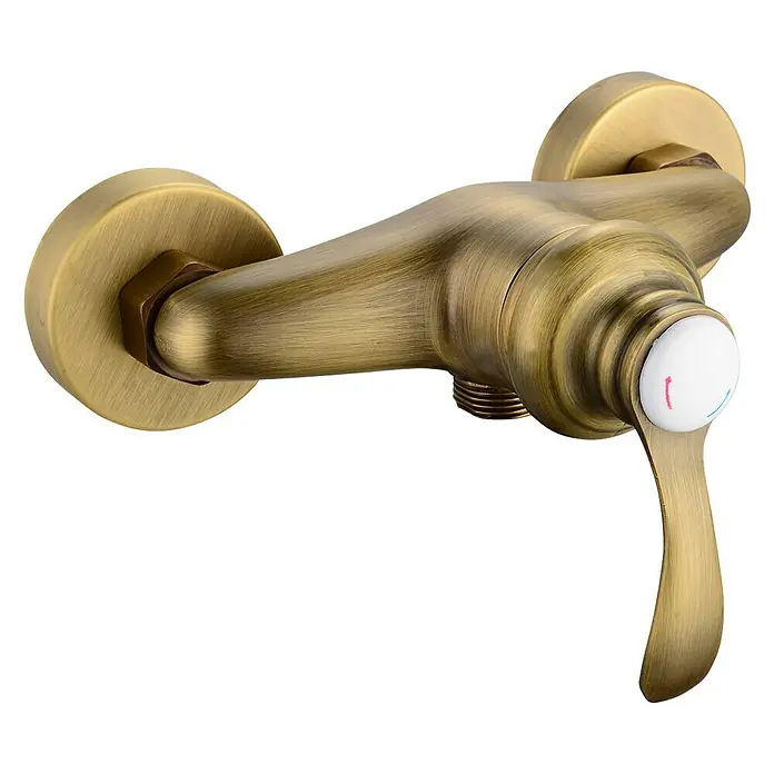 Rousseau Grifo monomando de ducha Byron - Bronce, Satinado - Un primer plano de un grifo de latón con una palanca para el control de la temperatura y placas de montaje redondas.