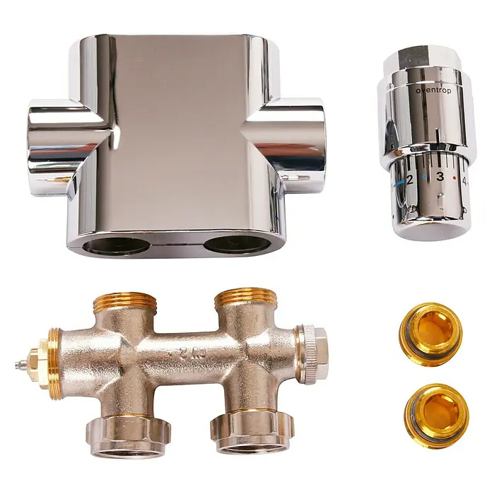 Szagato Mittelanschlussblock - ½″, Durchgang, Chrom - Nahaufnahme eines Oventrop Heizkörperanschluss-Sets, bestehend aus Thermostat, Ventil und Zubehör.