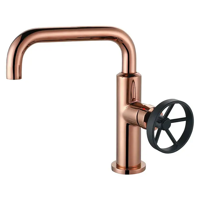 Rousseau Grifo de lavabo Industriel - Oro Rosa - Elegante grifo de cobre con volante de válvula negro. El diseño es moderno y llamativo, ideal para baños con estilo.