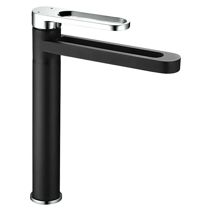 Rousseau Grifo de lavabo Onegaï - Negro/Cromo, Mate, Caño alto - Moderno grifo negro con detalles cromados. Diseño elegante para baños con estilo, ideal para lavabos o encimeras.