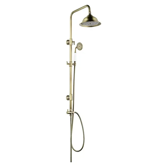Rousseau Sistema de ducha Retro - Con grifo monomando, Distancia entre orificios: 15 cm, Número de tipos de chorro: 2 ud., Bronce - Un conjunto de ducha vintage de aspecto dorado con rociador y ducha de mano, ideal para un baño elegante.