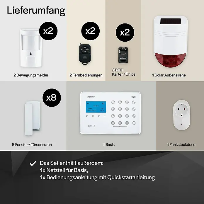 Safe2Home Alarmanlagen-Set SP210 - Alarmierungsmöglichkeiten: App - Lieferumfang des Safe2Home Alarmsystems: Bewegungsmelder, Fernbedienungen, RFID-Chips, Solarsirene, Türsensoren, Basis und Funksteckdose.
