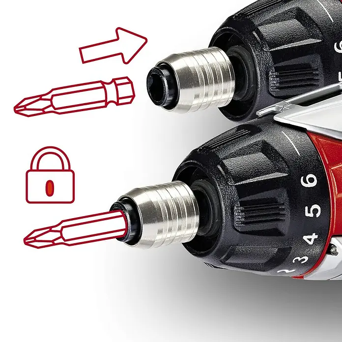 Einhell Akkuschrauber TE-SD 3,6 Li Kit - 3,6 V, 1 Akku, 1,5 Ah - Illustration, die zeigt, wie man ein Bit in einen Einhell-Akkuschrauber einsetzt. Ein Bit wird mit einem Pfeil zur Werkzeugaufnahme des Schraubers geführt.