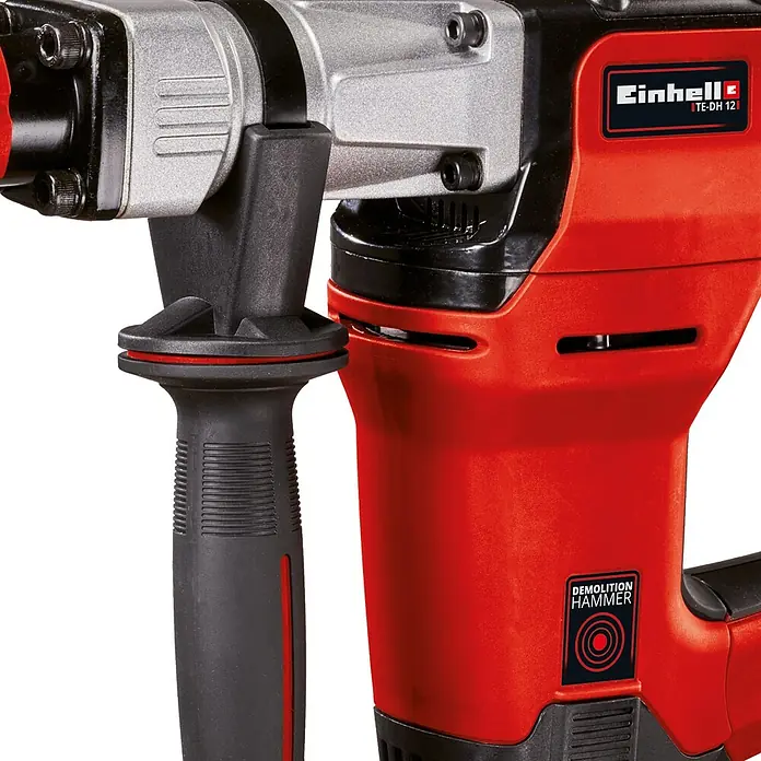 Einhell Abbruchhammer TE-DH 12 - 1.050 W, 12 J, SDS-Max-Aufnahme - Nahaufnahme eines Einhell TE-DH 12 Abbruchhammers mit rotem Gehäuse und schwarzem Griff.