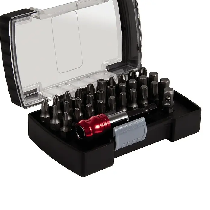 Einhell Akkuschrauber TE-SD 3,6 Li Kit - 3,6 V, 1 Akku, 1,5 Ah - Ein offener Schraubendreher-Bit-Satz in einer schwarzen Box mit durchsichtigem Deckel. Vielfalt an Bits, inklusive Griff.