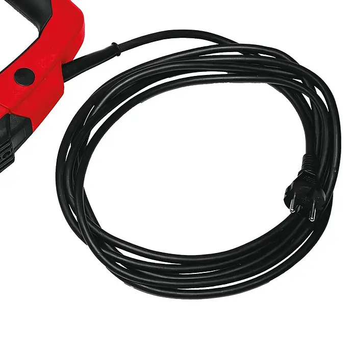 Einhell Abbruchhammer TE-DH 12 - 1.050 W, 12 J, SDS-Max-Aufnahme - Das Bild zeigt ein rotes Elektrowerkzeug mit einem schwarzen Stromkabel, das zu einer Schlaufe aufgerollt ist und einen Stecker hat.