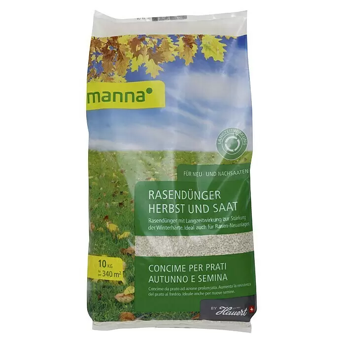 Manna Rasendünger Herbst und Saat - 10 kg, Max. Anwendungsfläche: 340 m² - Ein 10 kg Sack Manna Rasendünger für Herbst und Saat, mit Herbstblättern auf der Verpackung.