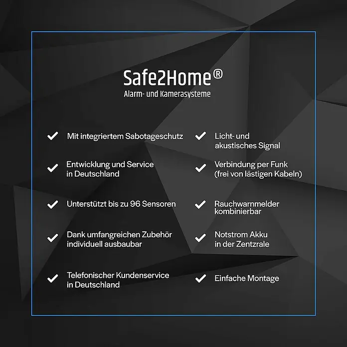 Safe2Home Alarmanlagen-Set SP210 - Alarmierungsmöglichkeiten: App - Safe2Home Alarmanlage und Kamerasystem mit Sabotageschutz, Service in Deutschland, bis zu 96 Sensoren, Zubehör, Kundenservice.