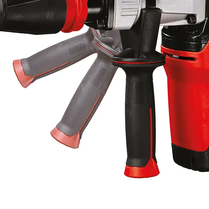 Einhell Abbruchhammer TE-DH 12 - 1.050 W, 12 J, SDS-Max-Aufnahme - Detailaufnahme einer Bohrmaschine mit rotem und schwarzem Griff. Das Werkzeug ist robust und für schwere Arbeiten konzipiert.