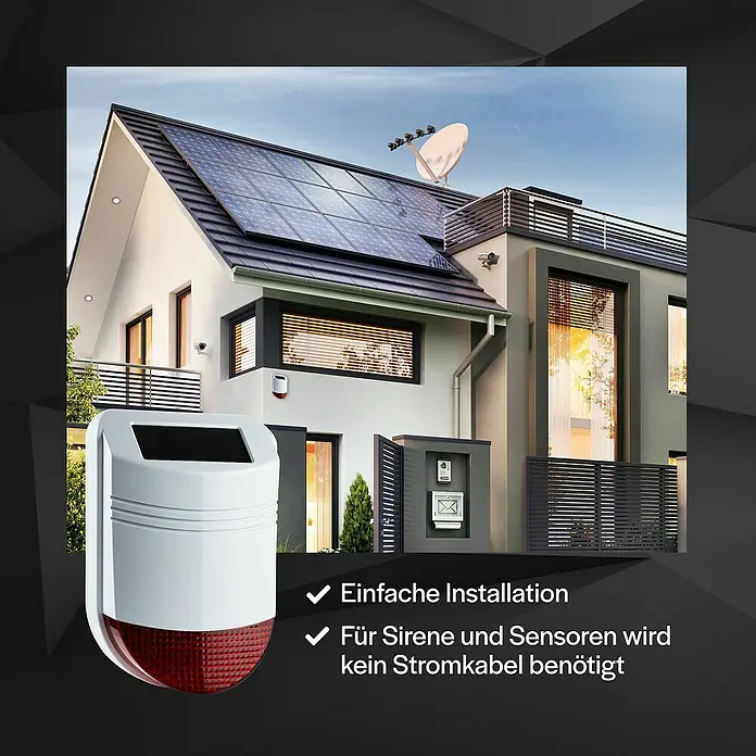 Safe2Home Alarmanlagen-Set SP210 - Alarmierungsmöglichkeiten: App - Bild einer Hausalarmsirene mit Solarpanel, die eine einfache Installation und kabellosen Betrieb ermöglicht.