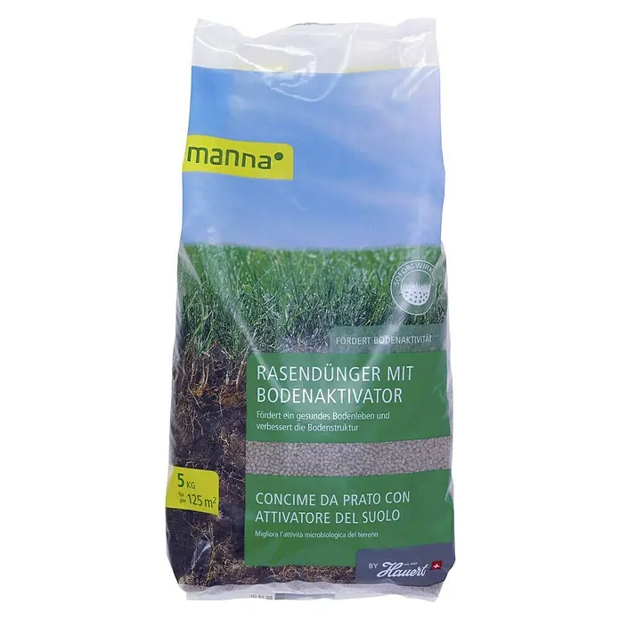 Manna Rasendünger mit Bodenaktivator - 5 kg, Max. Anwendungsfläche: 125 m² - Bild eines 5 kg Sackes Rasendünger mit Bodenaktivator der Marke Manna.