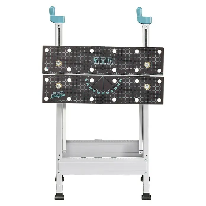 Wolfcraft Master Werkbank Master 200 - Arbeitshöhe: 800 mm, Belastbarkeit: 180 kg - Das Bild zeigt eine Wolfcraft Master 200 Werkbank, ideal für Heimwerker. Sie bietet eine stabile Arbeitsfläche und vielseitige Spannmöglichkeiten.