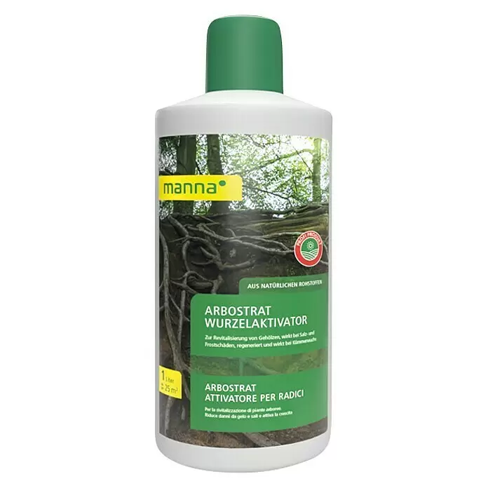 Manna Wurzelaktivator Arbostrat - 1 l, 20 m² - Weiße Flasche mit grünem Deckel, "Arbostrat Wurzelaktivator", ein natürlicher Baumwurzelaktivator.