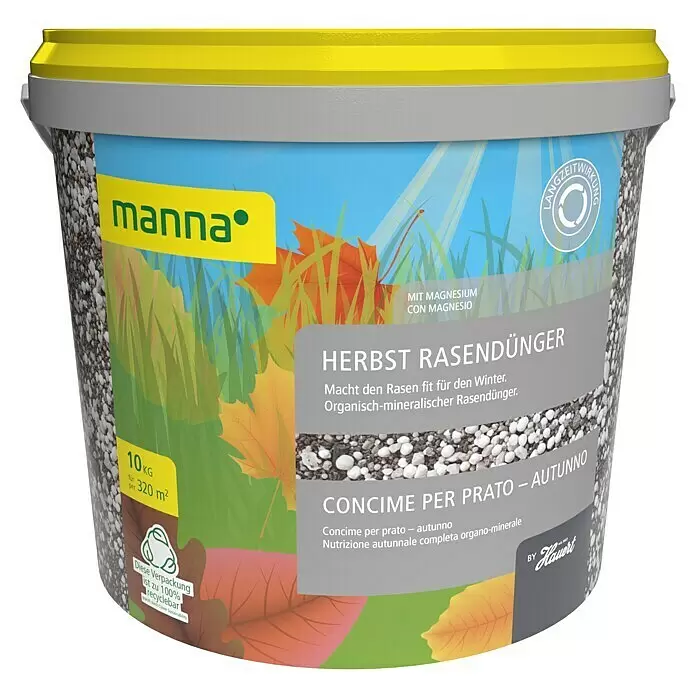 Manna Rasendünger - 10 kg, Max. Anwendungsfläche: 320 m² - Grauer Eimer mit gelbem Deckel, gefüllt mit 10kg "Manna" Herbst Rasendünger für 320m², mit Herbstblättern auf dem Etikett.