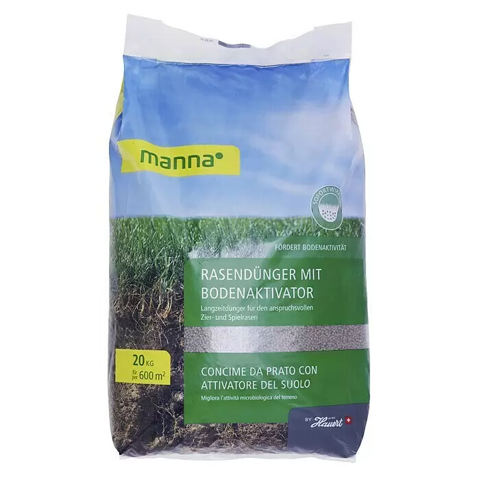 Manna Rasendünger mit Bodenaktivator - 20 kg, Max. Anwendungsfläche: 500 m² - Manna Rasendünger mit Bodenaktivator, 20 kg Beutel für 600 m², blaue und grüne Verpackung von Hauert.