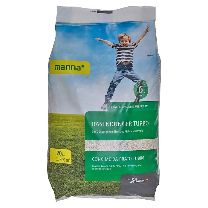 Manna Rasendünger Turbo - 20 kg, Max. Anwendungsfläche: 800 m² - Manna Rasendünger Turbo, 20 kg für 800 m², in einem Beutel mit grünem Design und Kinderbild.