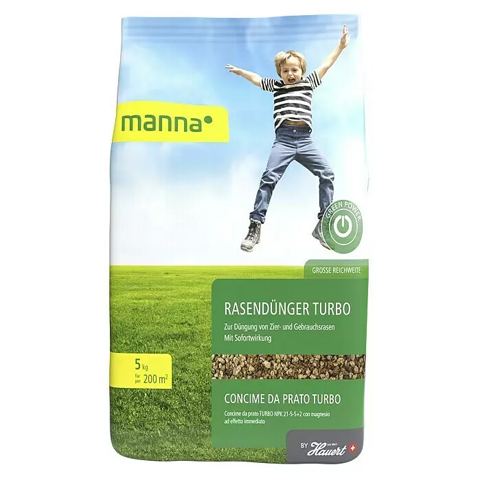 Manna Rasendünger Turbo - 5 kg, Max. Anwendungsfläche: 200 m² - Manna Rasendünger-Sack, 5 kg, mit springendem Kind über grünem Rasen.