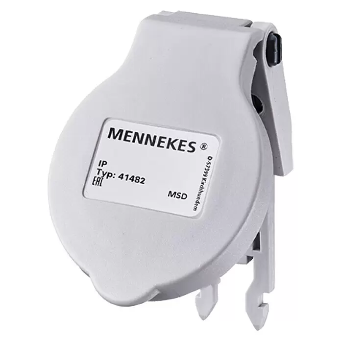 Mennekes Klappdeckel 41482 - Grau - Hellgraue Mennekes Kunststoff-Schutzabdeckung für elektrische Steckverbinder, mit Gelenkdesign und Befestigungsklammern.