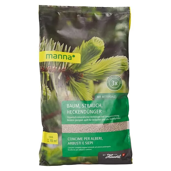 Manna Strauch- & Heckendünger - 1 kg - Grüne und gelbe Manna Düngemittelpackung für Bäume, Sträucher und Hecken, mit Pellets.