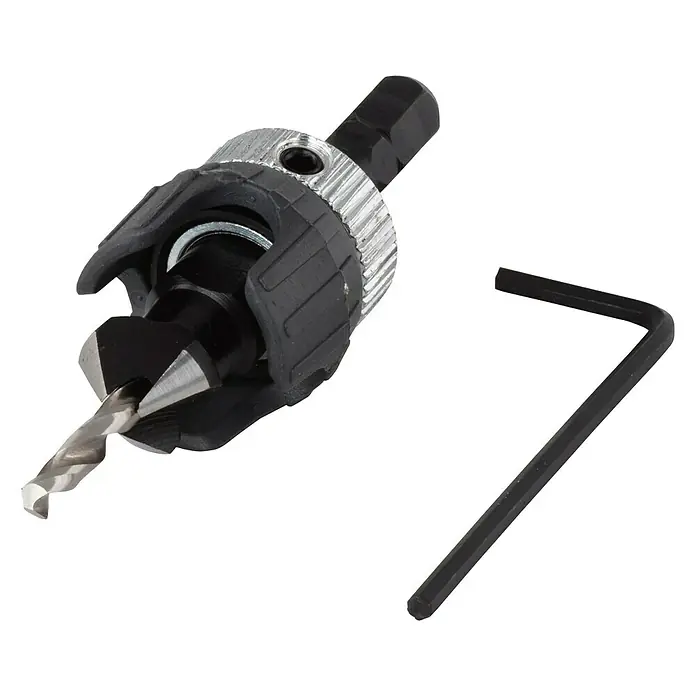 Wolfcraft Broca para madera - Diámetro de la broca: 3,2 mm, 2 pzs. - La imagen muestra una broca de avellanado con una llave Allen sobre un fondo negro, diseñada para tareas de perforación precisas.