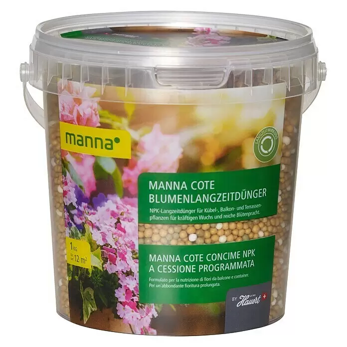 Manna Blühpflanzendünger - 1 kg - Klarer Plastikeimer mit Manna Cote Granulat-Blumendünger und farbigem Etikett.