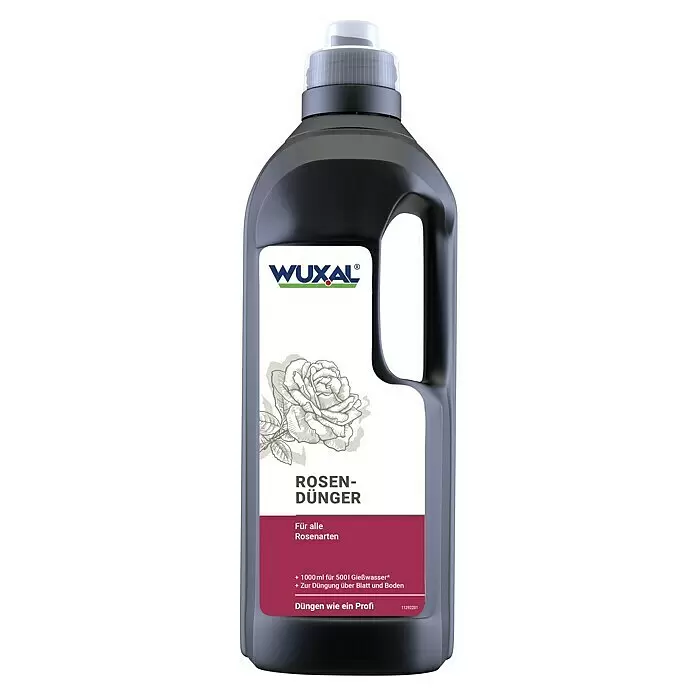 Wuxal Rosendünger - 1 l - Dunkelgraue WUXAL Rosendüngerflasche mit weißem Etikett, das eine Rosenzeichnung und Produktdetails zeigt. Die Flasche hat eine hellgraue Kappe.