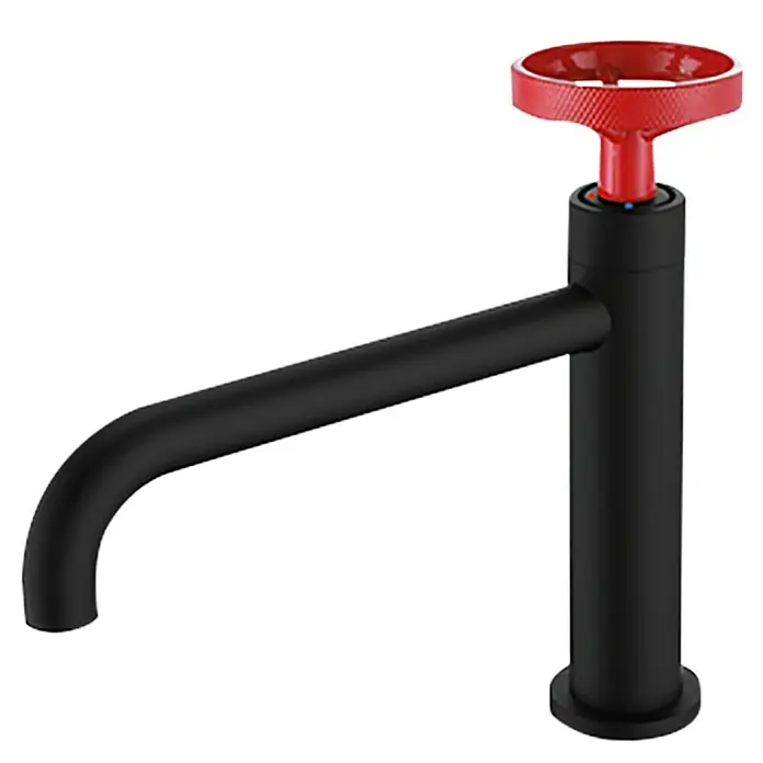 Rousseau Grifo de lavabo Industrial - Negro, Mate - Un moderno grifo negro con un llamativo mango rojo, que combina estilo y funcionalidad. Ideal para cocinas contemporáneas.