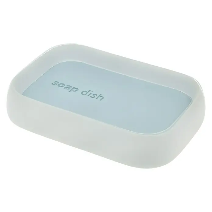 Venus Nara Seifenschale - Polyresin, Blau - Eine rechteckige Seifenschale in Weiß und Hellblau mit dem Schriftzug "soap dish". Praktisch und stilvoll für jedes Badezimmer.