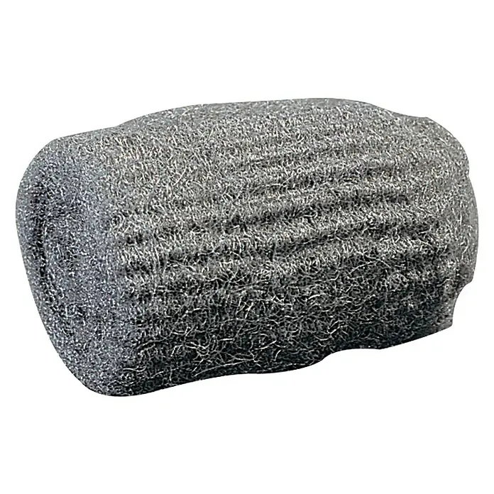 Lana de acero de acero para soldar - 10 ud. - Primer plano de una almohadilla rectangular de lana de acero sobre un fondo negro. Ideal para la limpieza del hogar y tareas de abrasión.