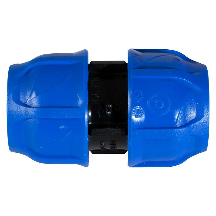 Enlace recto PE tubo - tubo - Diámetro: 32 mm, Polietileno - Primer plano de un conector de tubería de PE azul, diseñado para conexiones de tuberías fiables. El interior negro garantiza un agarre seguro.