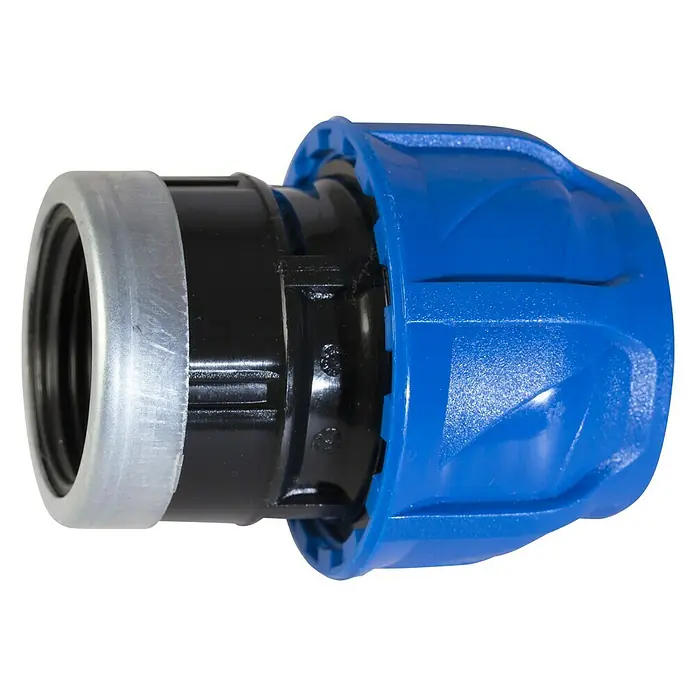 Enlace roscado PE tubo – rosca H - Diámetro: 40 mm, 1¼'', Polietileno - Primer plano de un racor de tubería de agua azul y plateado sobre un fondo negro.