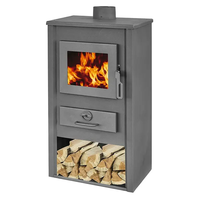 Estufa de leña Bionda - 9 kW, Volumen de calefacción: 165 m³, Gris - Una estufa de leña compacta con almacenamiento de leña, que aporta calidez y confort a cualquier espacio. Práctico y elegante!