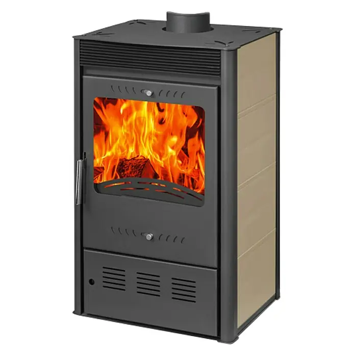 Estufa de leña Dalia Iron ventilada - 7,8 kW, Volumen de calefacción: 140 m³, Negro/Arena - Estufa de leña compacta antracita y beige con leña ardiendo, ideal para un calor acogedor y un diseño elegante en el salón.