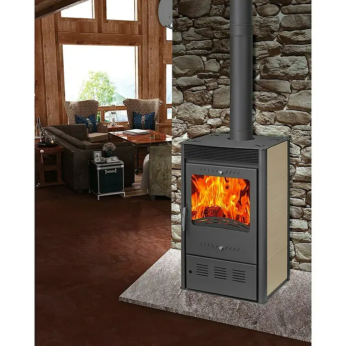 Estufa de leña Dalia Iron ventilada - 7,8 kW, Volumen de calefacción: 140 m³, Negro/Arena - Un ambiente acogedor con una estufa de leña que aporta calidez y estilo a la sala de estar.