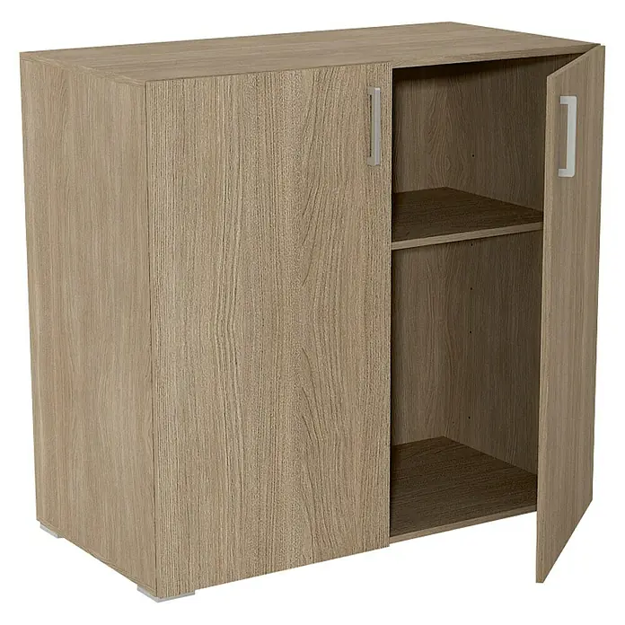 Finsa Organiza-T Módulo de armario - L x An x Al: 52 x 100 x 94 cm, Roble, Plástico - Un armario de madera clara con dos puertas, una puerta abierta que revela un estante en el interior.