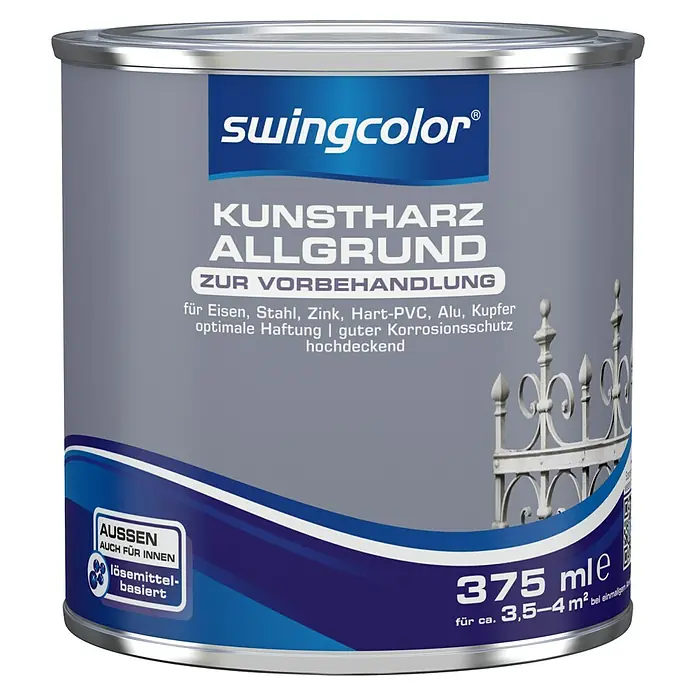 swingcolor Allgrund Kunstharz - Grau, 375 ml - Dose Kunstharz Allgrund Vorbehandlung von Swingcolor für Eisen, Stahl, Zink, Hart-PVC, Alu, Kupfer. Lösemittelbasiert, 375 ml für ca. 3,5–4 m².