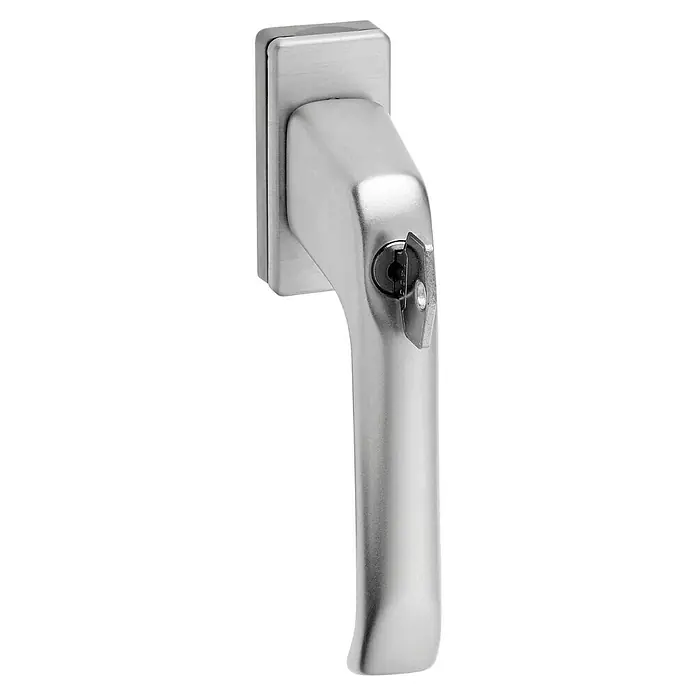 Portaferm FenstergriffVierkantstift: 7 mm, Silber, Universell einsetzbar, Druckzylinder - Nahaufnahme eines silbernen Fenstergriffs mit Schloss und Schlüssel, der für zusätzliche Sicherheit sorgt und das Design ergänzt.