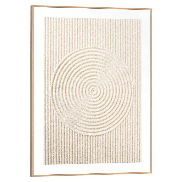 Reinders Bild Slim Frame Wood - Sandy Circles, B x H: 30 x 40 cm - Gerahmtes Bild mit Sandmuster aus vertikalen Linien und einem großen Kreis in der Mitte, das eine meditative und ruhige Atmosphäre schafft.