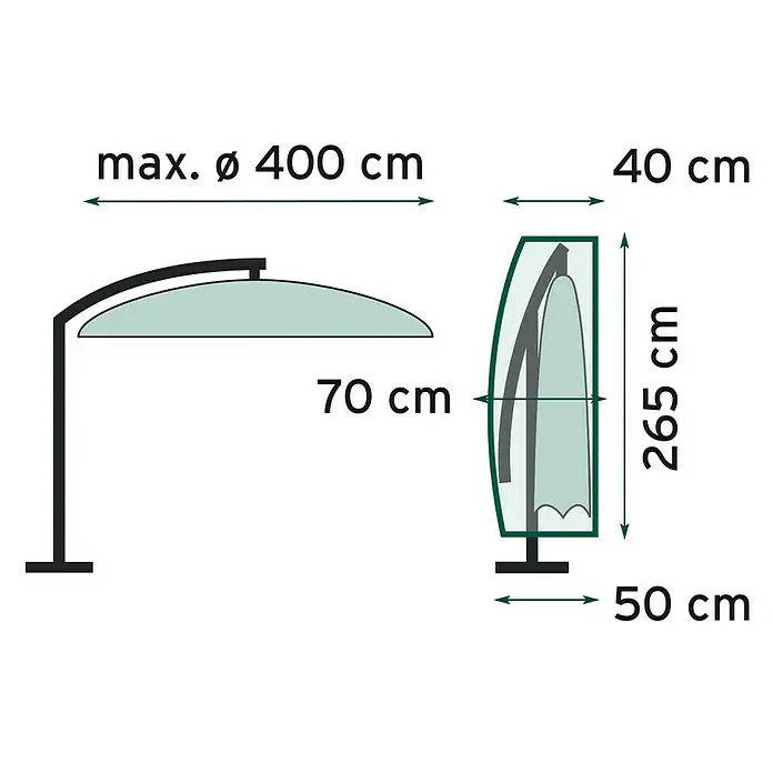 Sunfun Classic Schirm-Schutzhülle Ampelschirm - Kunststoff, Passend für: Ampelschirme mit Ø 200 - 300 cm - Darstellung der Abmessungen eines Sonnenschirms mit einer maximalen Spannweite von 400 cm und einer Höhe von 70 cm, inklusive Schutzhülle.